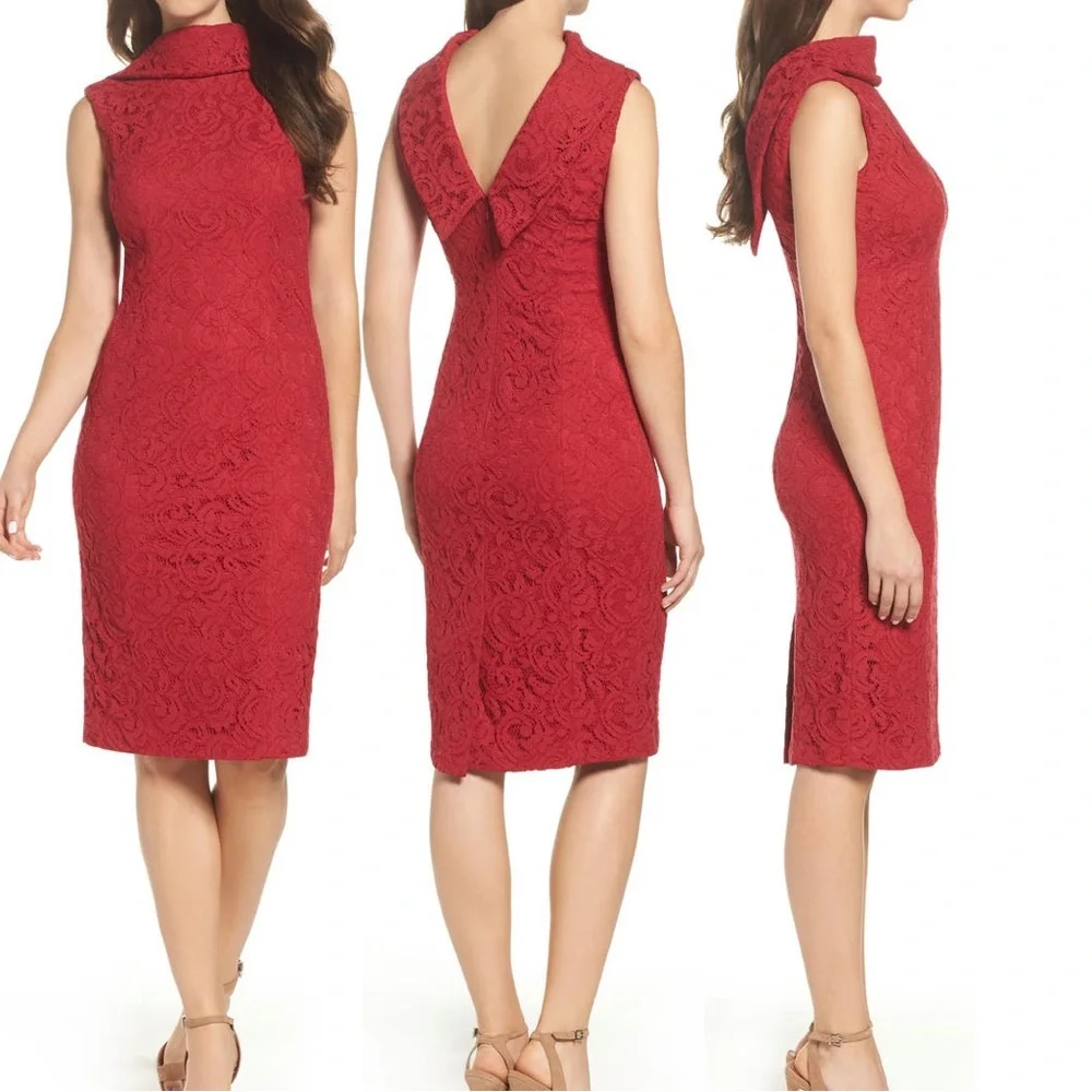 Adrianna Papell Lace Sheath Dress, Cherry Red, Size 4, Wedding Guest/Romantic - Picture 3 of 5